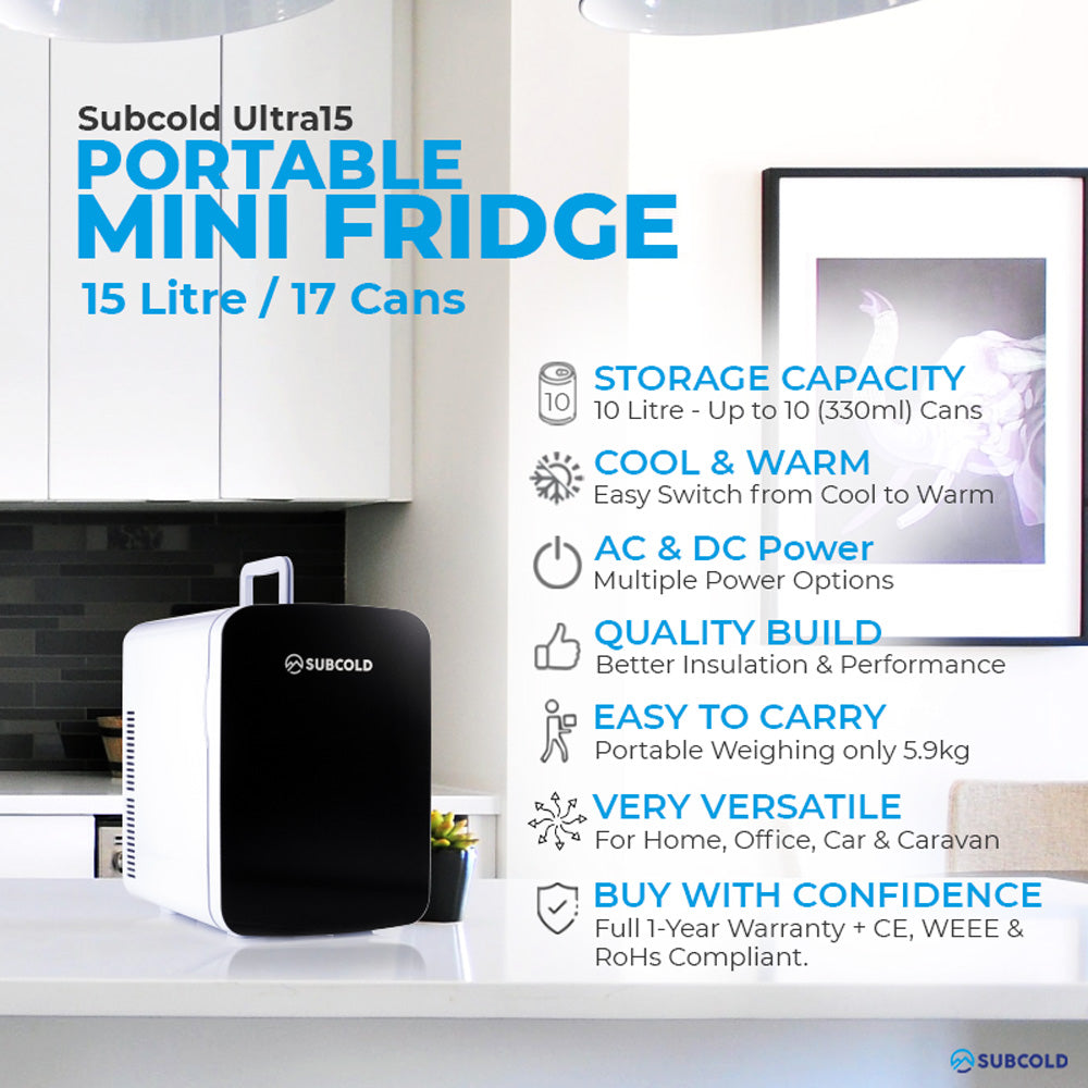 Subcold Ultra 15 litre black mini fridge features infographic