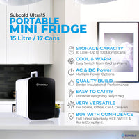 Thumbnail for Subcold Ultra 15 litre black mini fridge features infographic