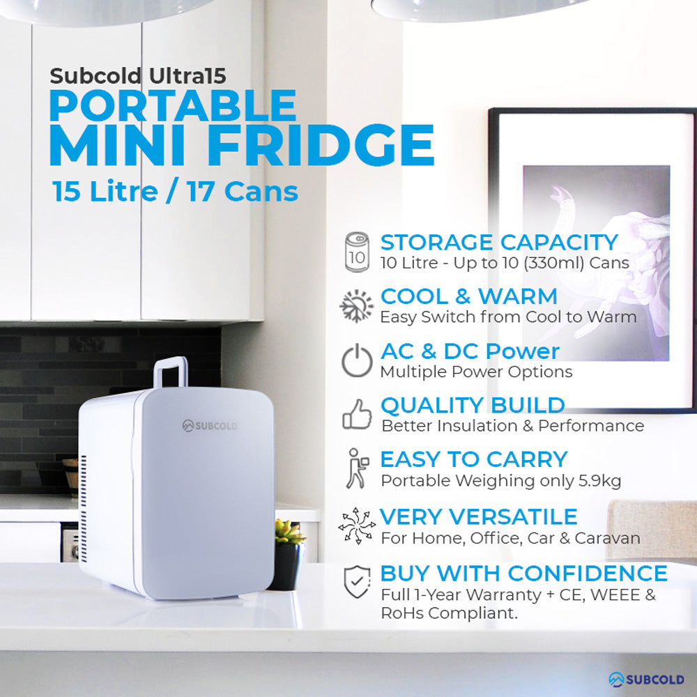 Subcold Ultra 15 litre white mini fridge features infographic