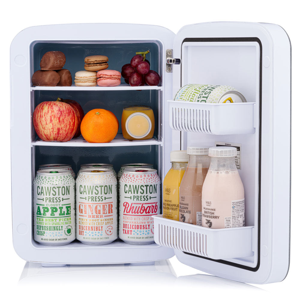 Subcold Ultra 15 litre white mini drinks fridge with snacks and drinks inside
