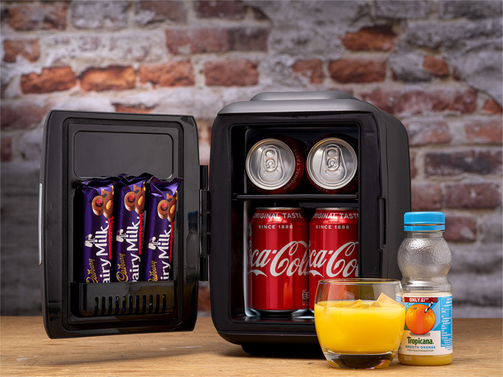 Subcold Classic 4 litre black mini fridge with cold snacks inside