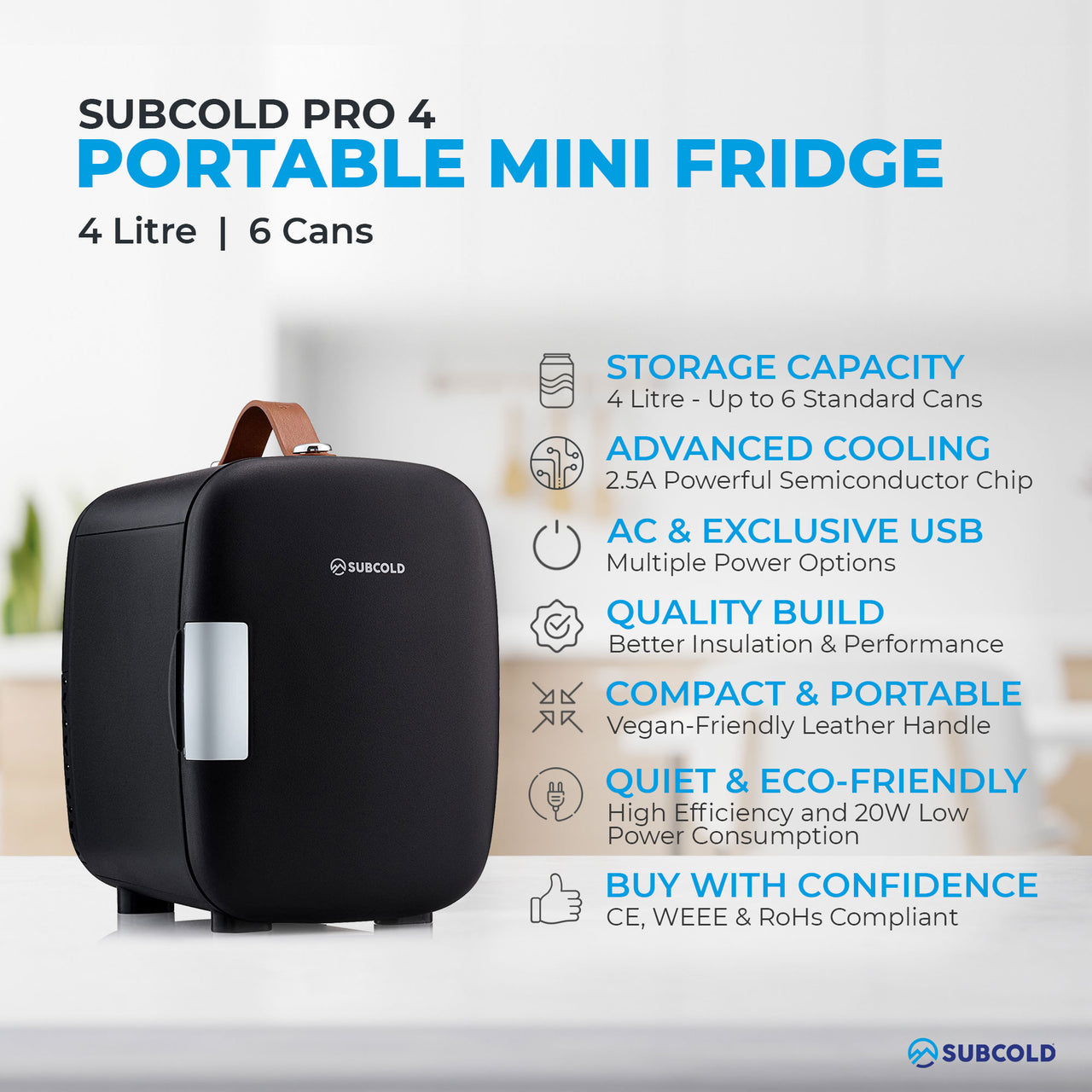 Subcold Pro 4 litre black mini fridge features infographic
