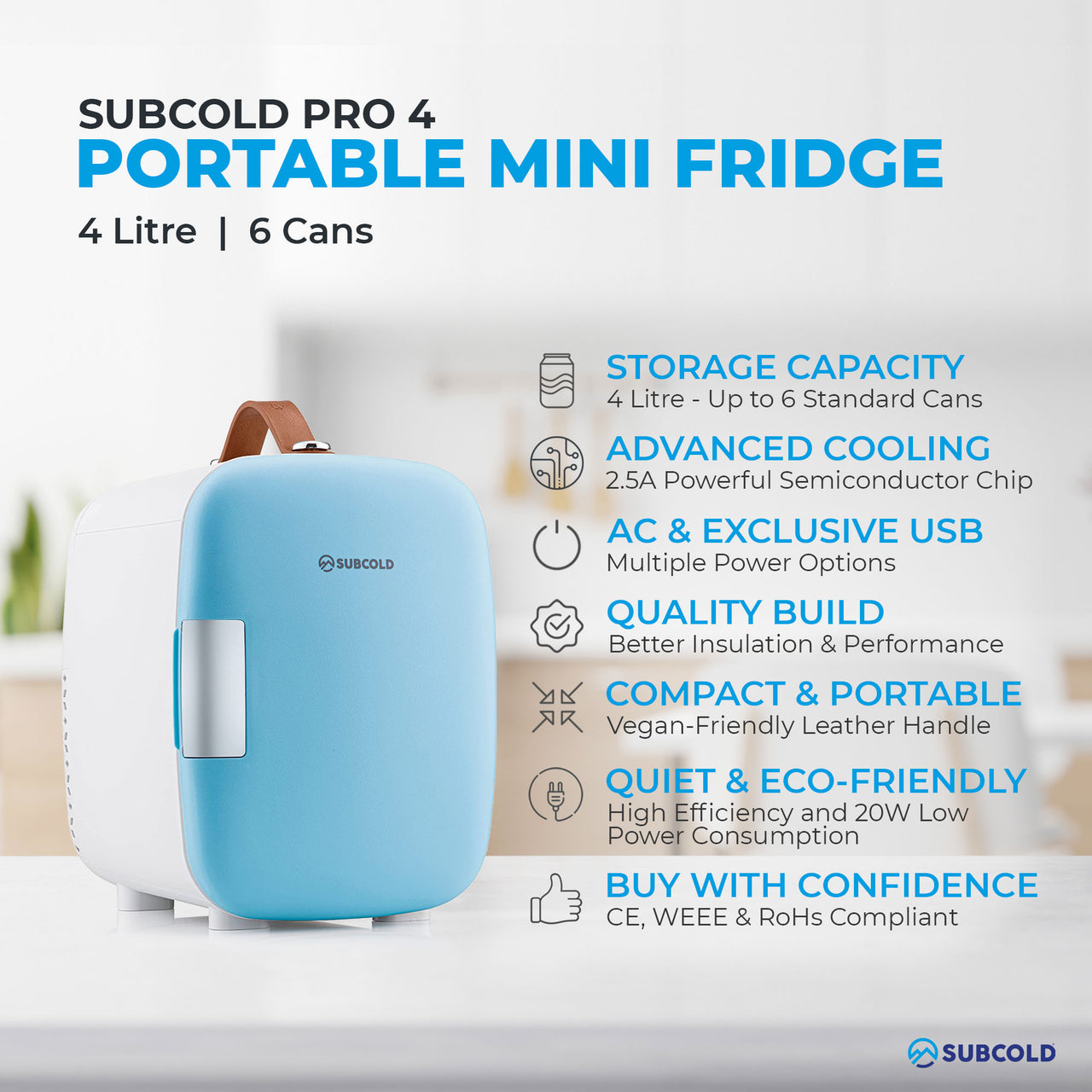 Subcold Pro 4 litre blue mini fridge features infographic
