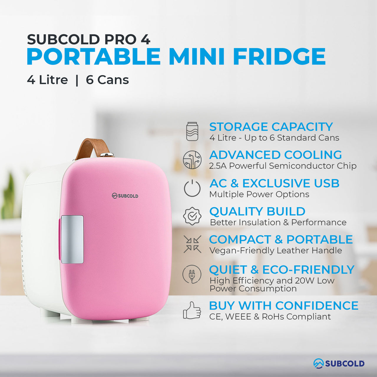 Subcold Pro 4 litre Pink mini fridge features infographic