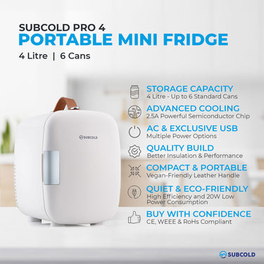 Subcold Pro 4 litre white mini fridge features infographic