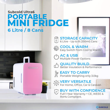 Subcold Ultra 6 litre pink mini fridge features infographic