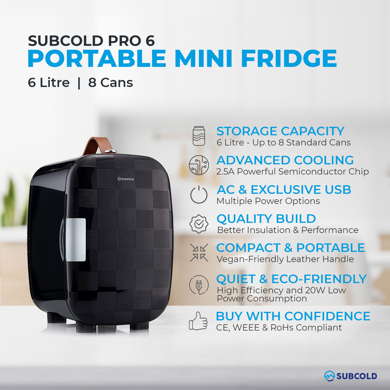 Subcold Pro 6 litre black chequered mini fridge features infographic