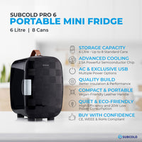 Thumbnail for Subcold Pro 6 litre black chequered mini fridge features infographic