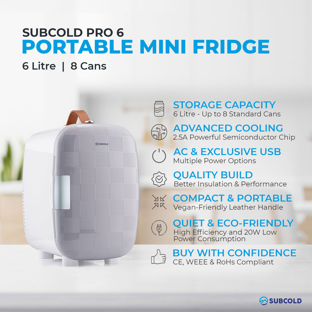 Subcold Pro 6 litre grey chequered mini fridge features infographic