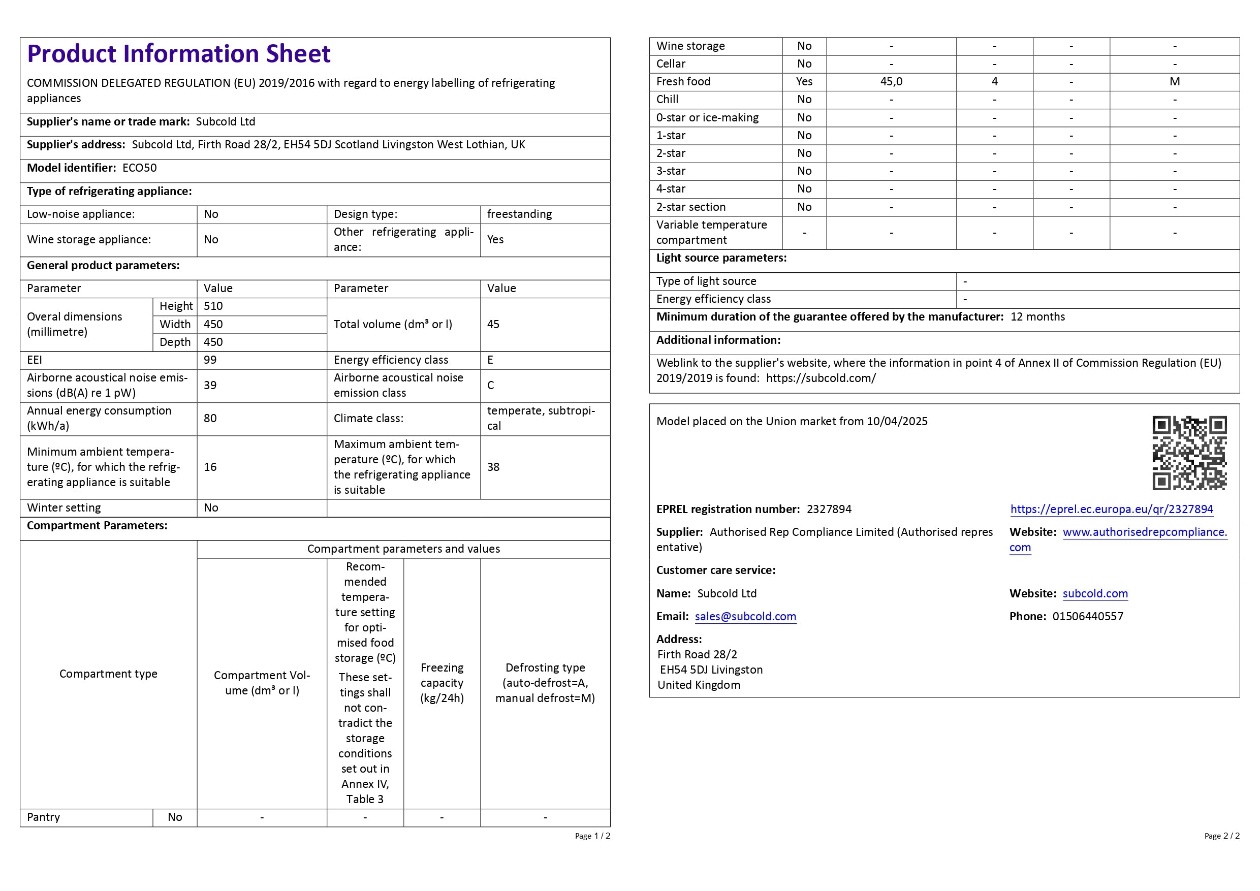 Subcold Eco50 Mini Fridge - Black | Refurbished