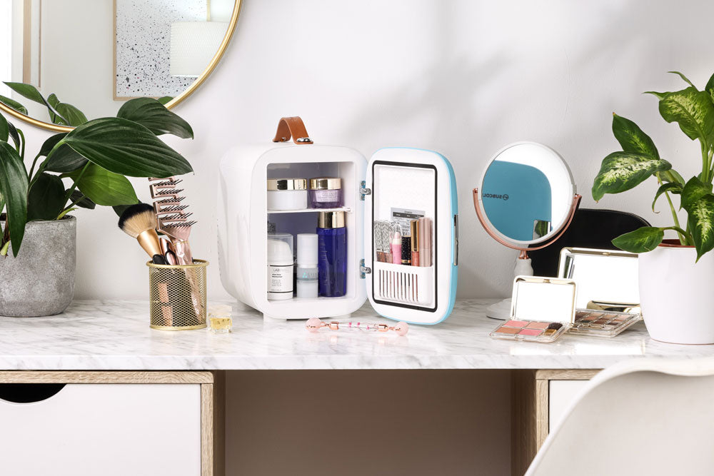 Subcold Pro 4 litre blue skincare fridge with cosmetics, beauty and makeup products