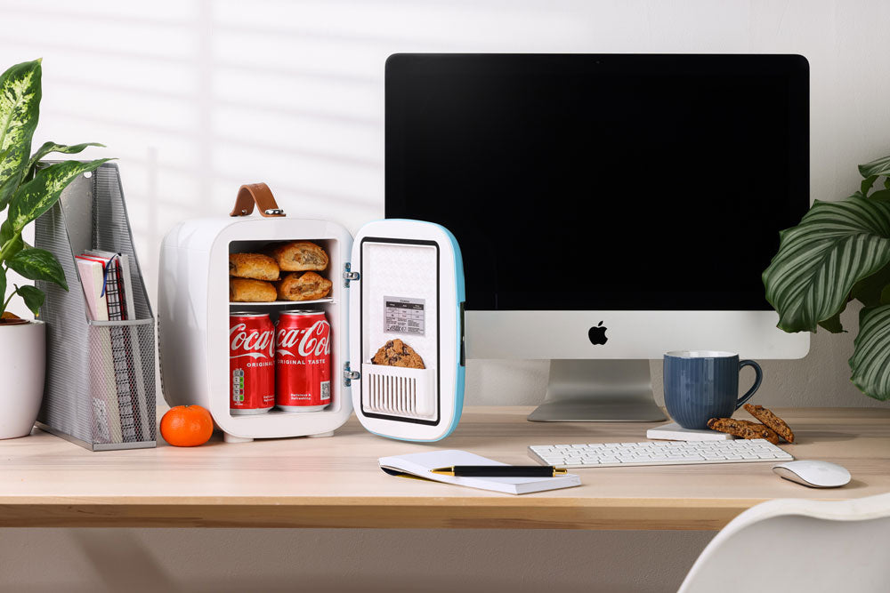 Subcold Pro 4 litre blue mini fridge with snacks and drinks inside