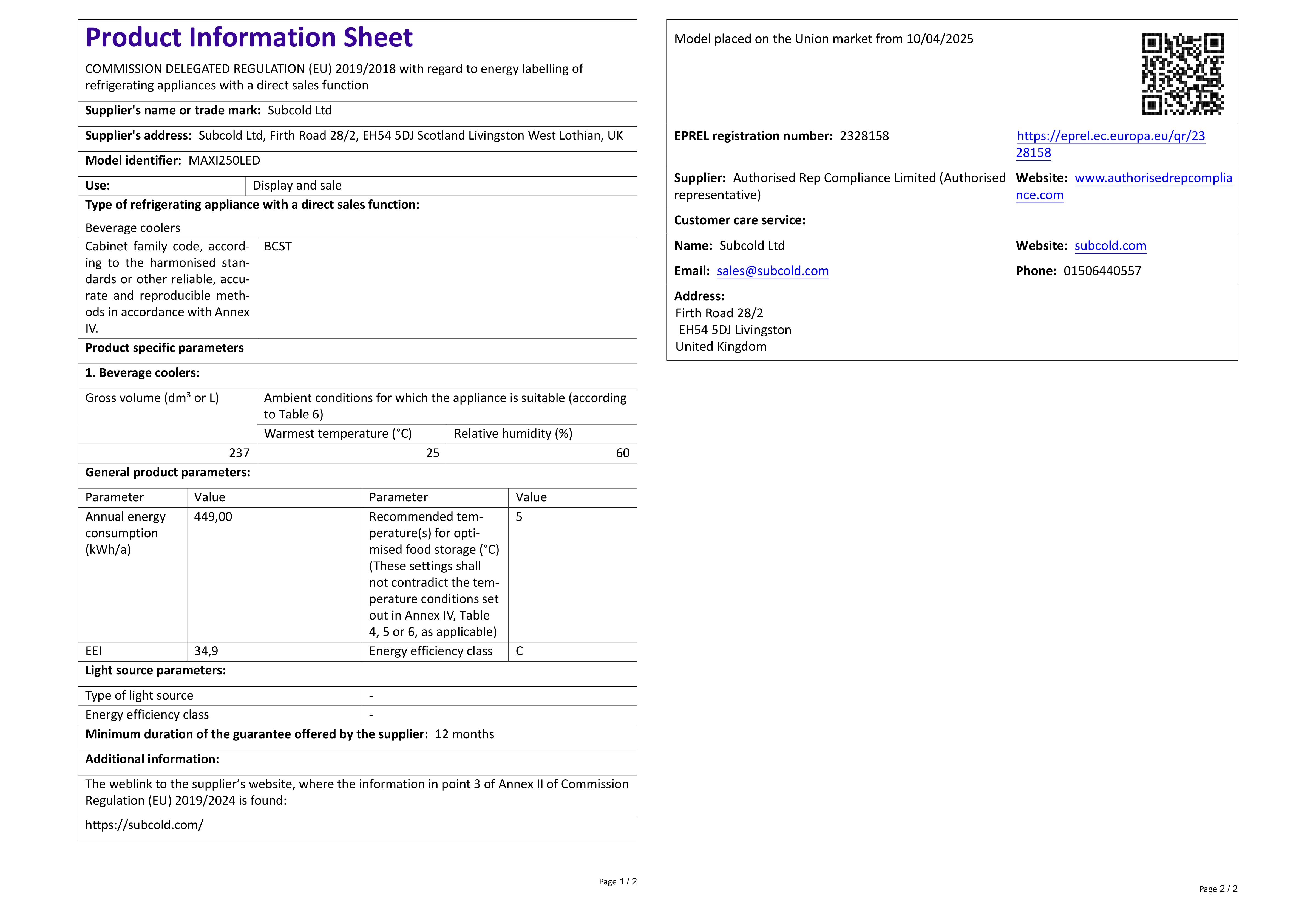 Subcold Maxi250 Tall Drinks Fridge Stainless Steel