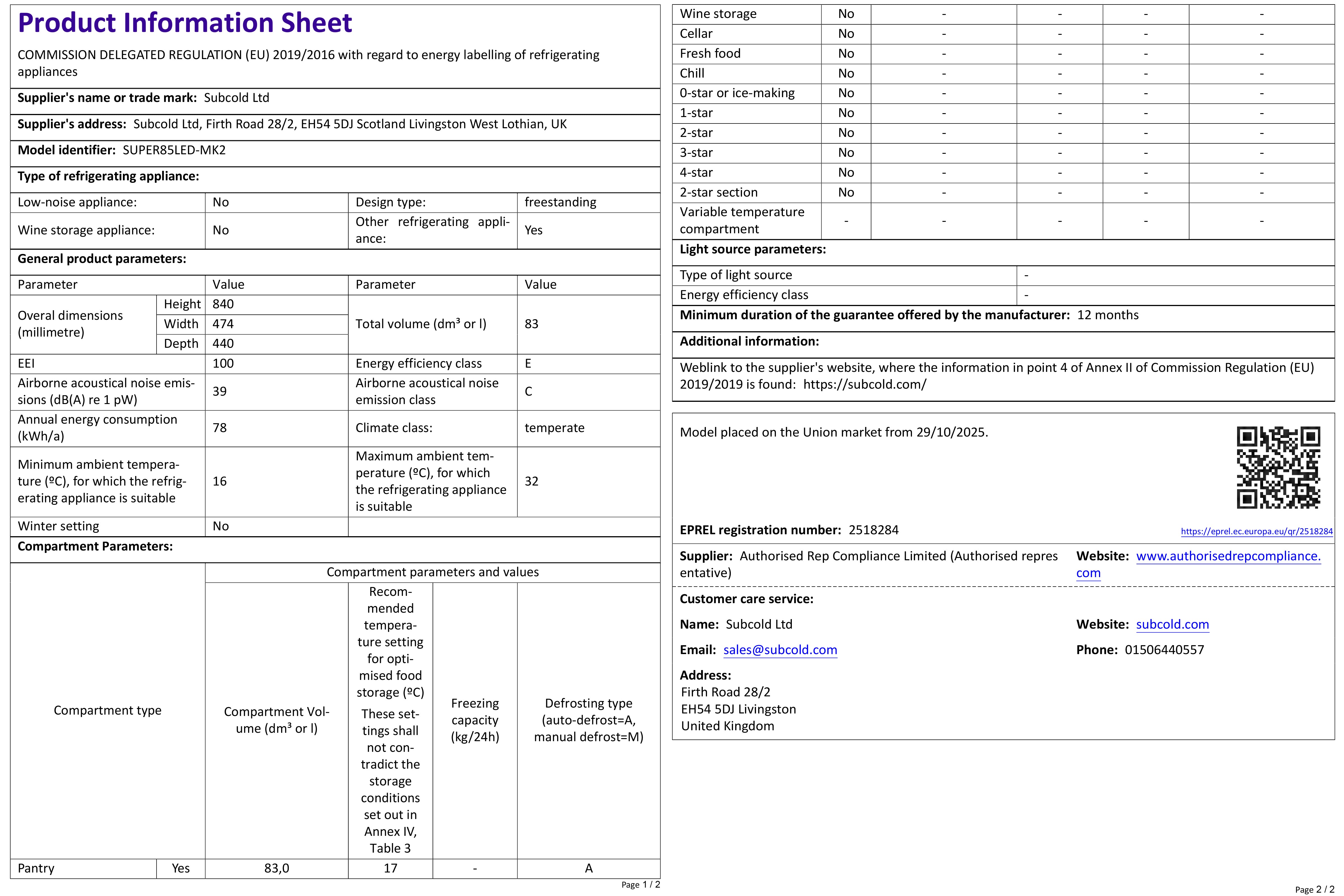 Subcold Super85 LED Beer Fridge