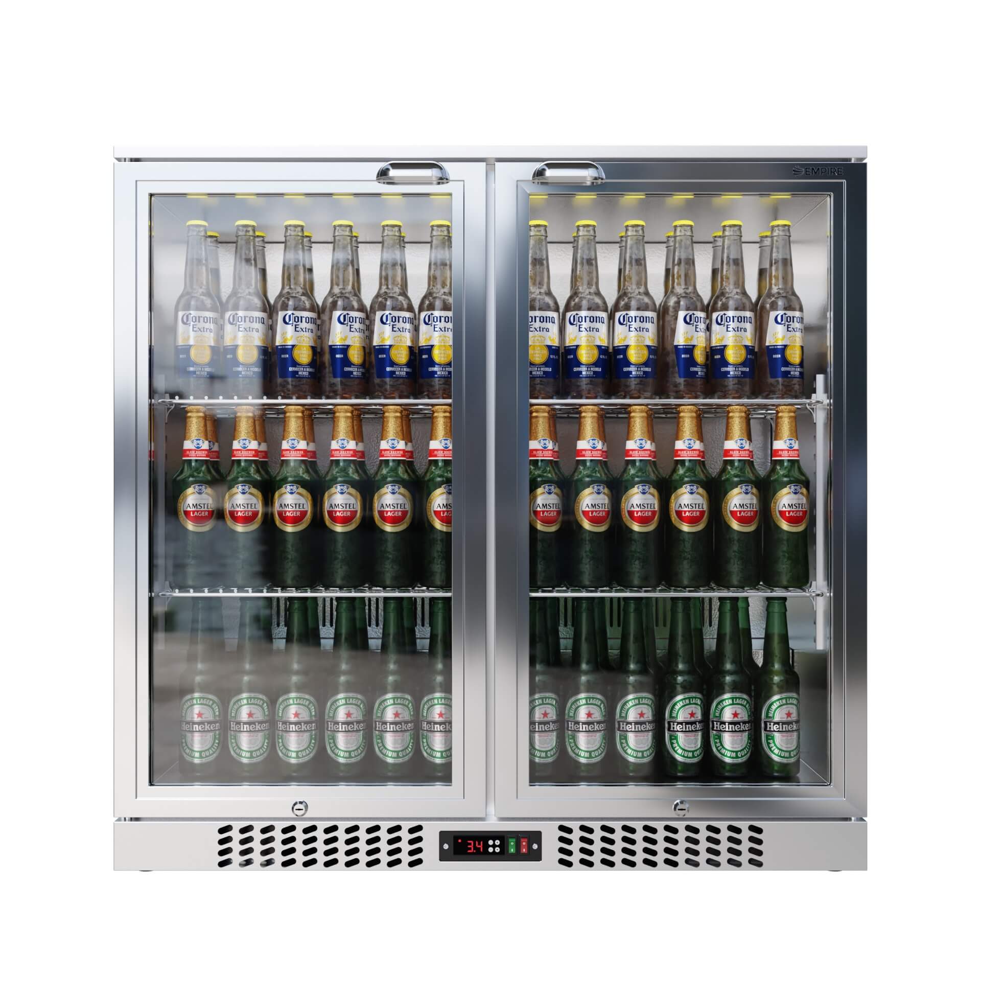 Empire Double Door 208L Stainless Steel Bottle Cooler – A Energy Rated Hinged Door Commercial Back Bar Fridge | CL-210H-S