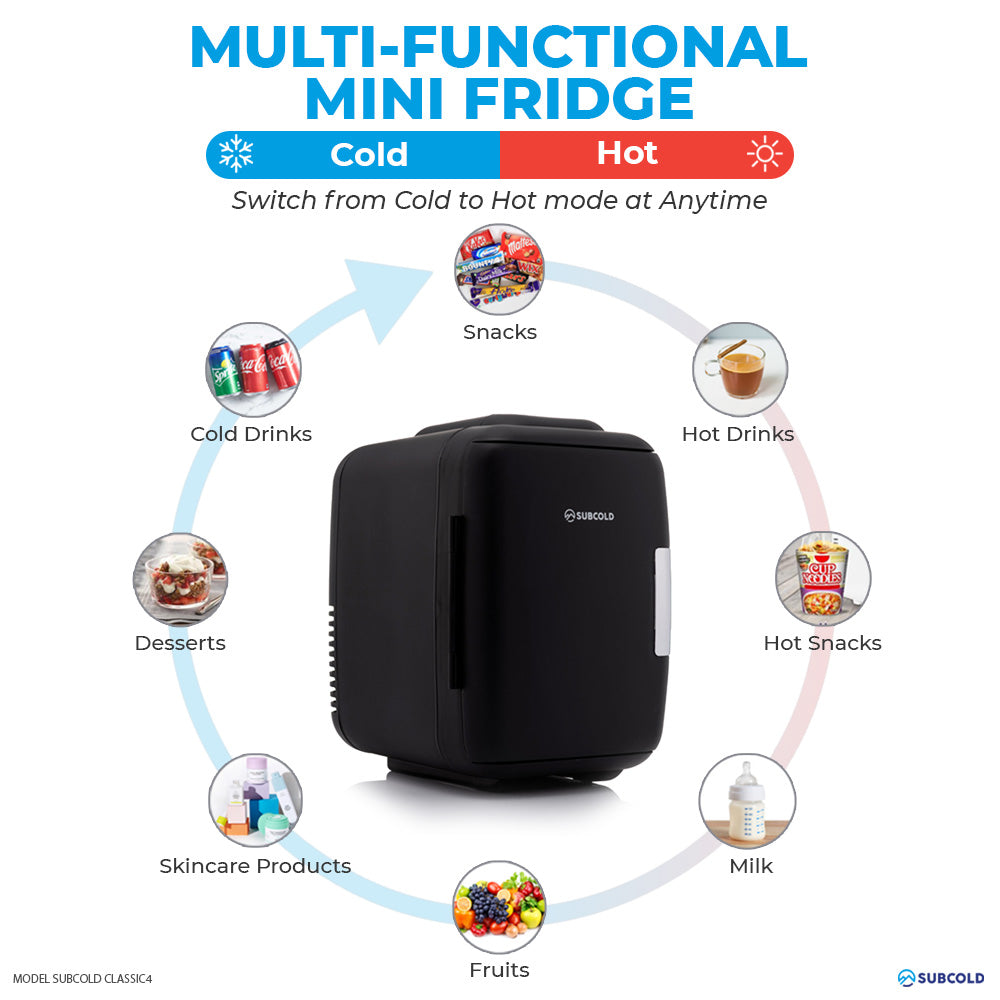 Subcold Classic 4 Litre Black Mini Fridge Dual Function Cooler and Warmer Infographic