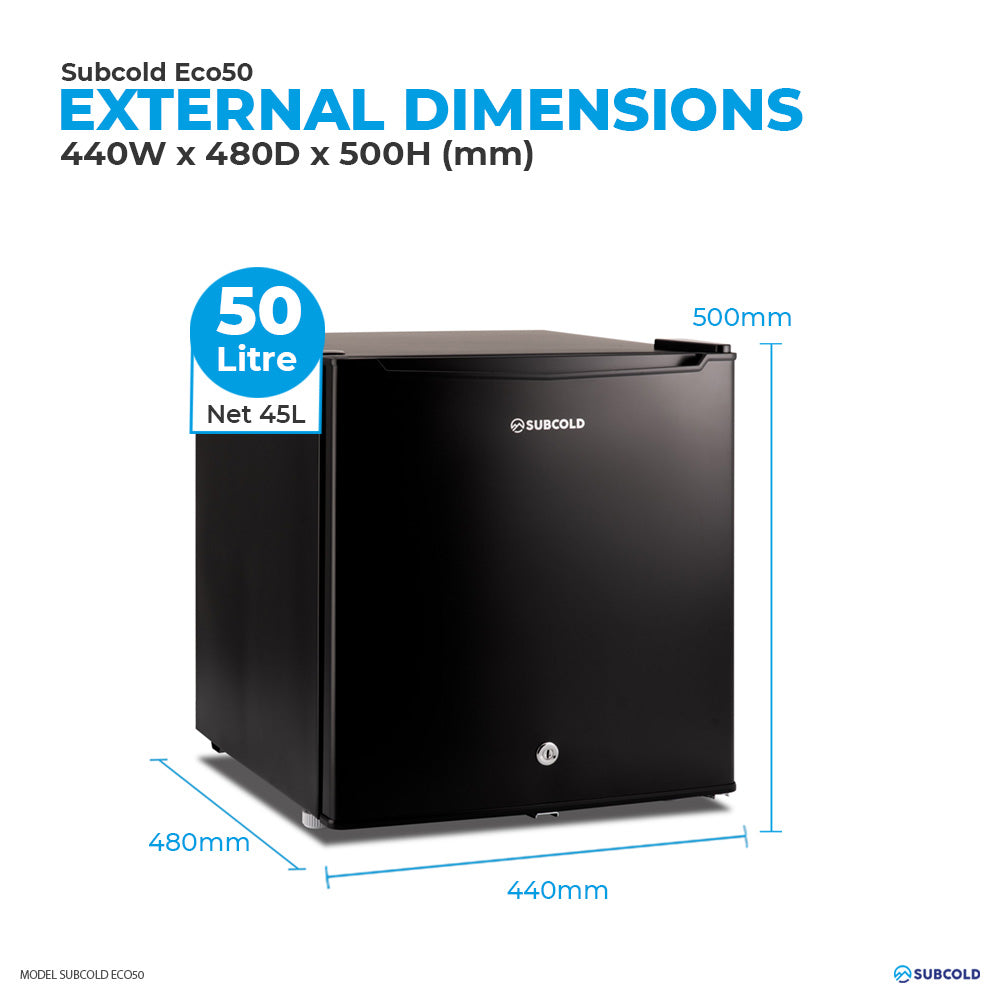 Subcold Eco 50 litre table top black mini fridge external dimensions and storage capacity