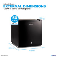 Thumbnail for Subcold Eco 50 litre table top black mini fridge external dimensions and storage capacity