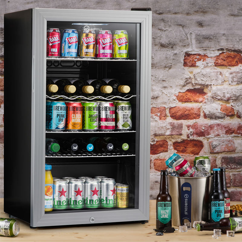 Subcold Super 85 litre glass door beer drinks under counter silver fridge lifestyle