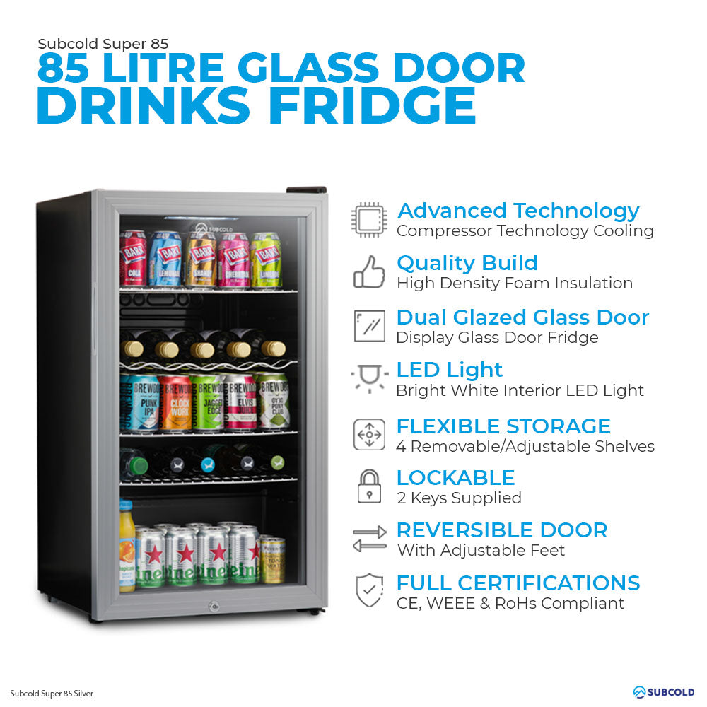 Subcold Super 85 litre under counter silver beer fridge features infographic