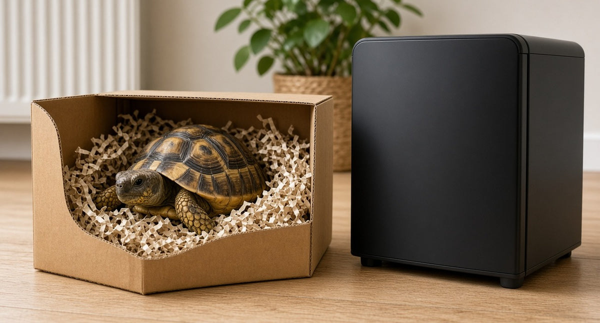 Hermann's tortoise in a hibernation box beside a compact black Subcold mini fridge