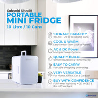 Thumbnail for Subcold Ultra 10 litre white mini cooler and warmer infographic