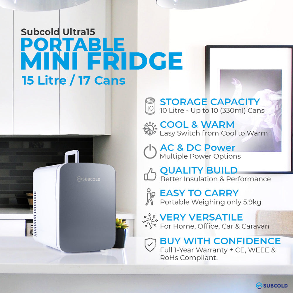 Subcold Ultra 15 litre grey mini fridge features infographic