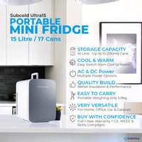 Thumbnail for Subcold Ultra 15 litre grey mini fridge features infographic