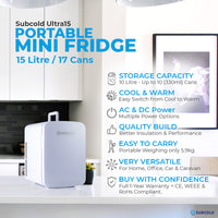 Thumbnail for Subcold Ultra 15 litre white mini fridge features infographic