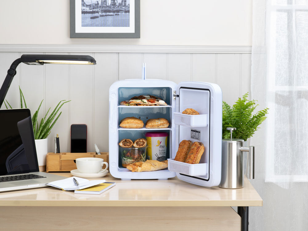 Subcold Ultra 15 litre white mini fridge warmer with hot snacks inside