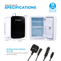 Thumbnail for Subcold Ultra 15 litre black mini fridge dimensions and specifications infographic
