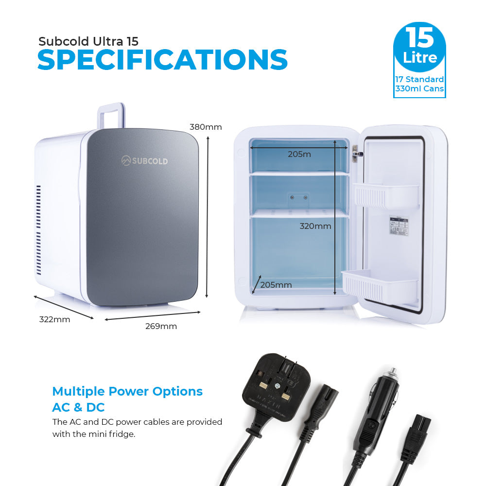 Subcold Ultra 15 litre grey mini fridge dimensions and specifications infographic