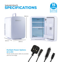 Thumbnail for Subcold Ultra 15 litre white mini fridge dimensions and specifications infographic