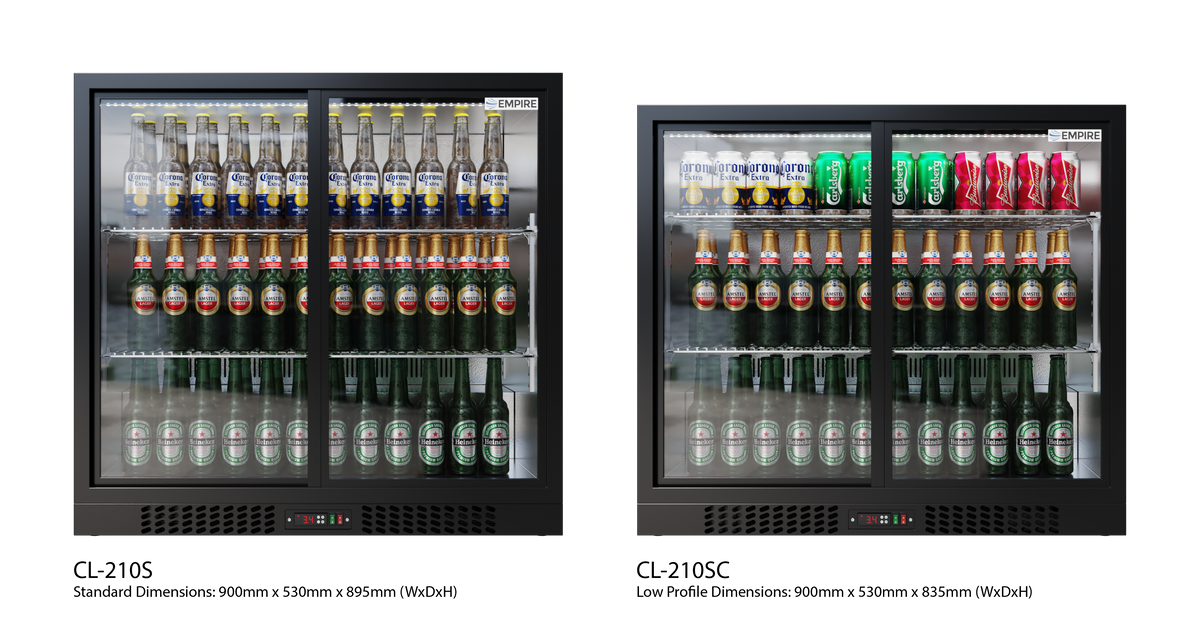 Empire Double Door Bottle Cooler – A Energy Rated Low 835mm Height Sliding Door Commercial Back Bar Fridge | CL-210SC