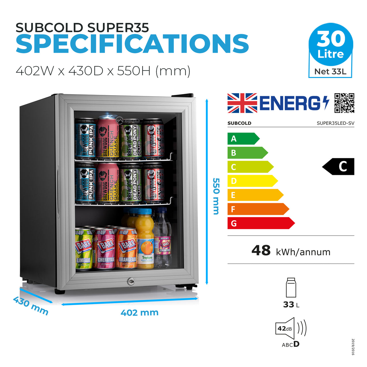 Subcold Super 35 LED Beer Fridge - Silver