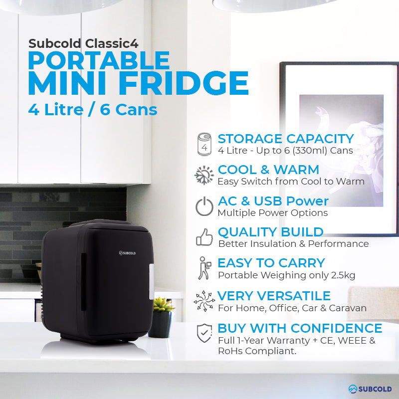 Subcold Classic 4L black mini fridge features infographic
