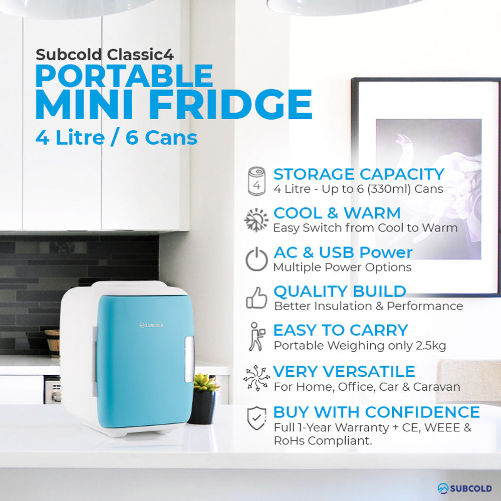 Subcold Classic 4L blue mini fridge features infographic