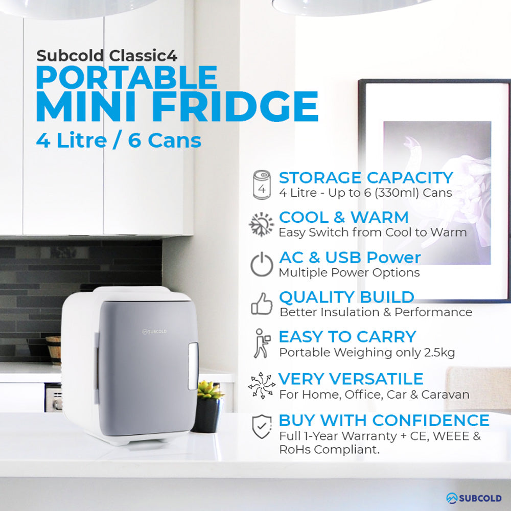 Subcold Classic 4L grey mini fridge features infographic