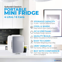 Thumbnail for Subcold Classic 4L grey mini fridge features infographic