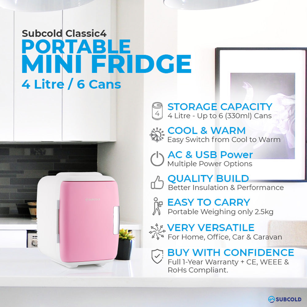 Subcold Classic 4L pink mini fridge features infographic