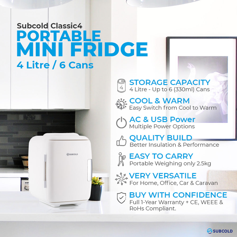 Subcold Classic 4L white mini fridge features infographic