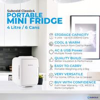 Thumbnail for Subcold Classic 4L white mini fridge features infographic