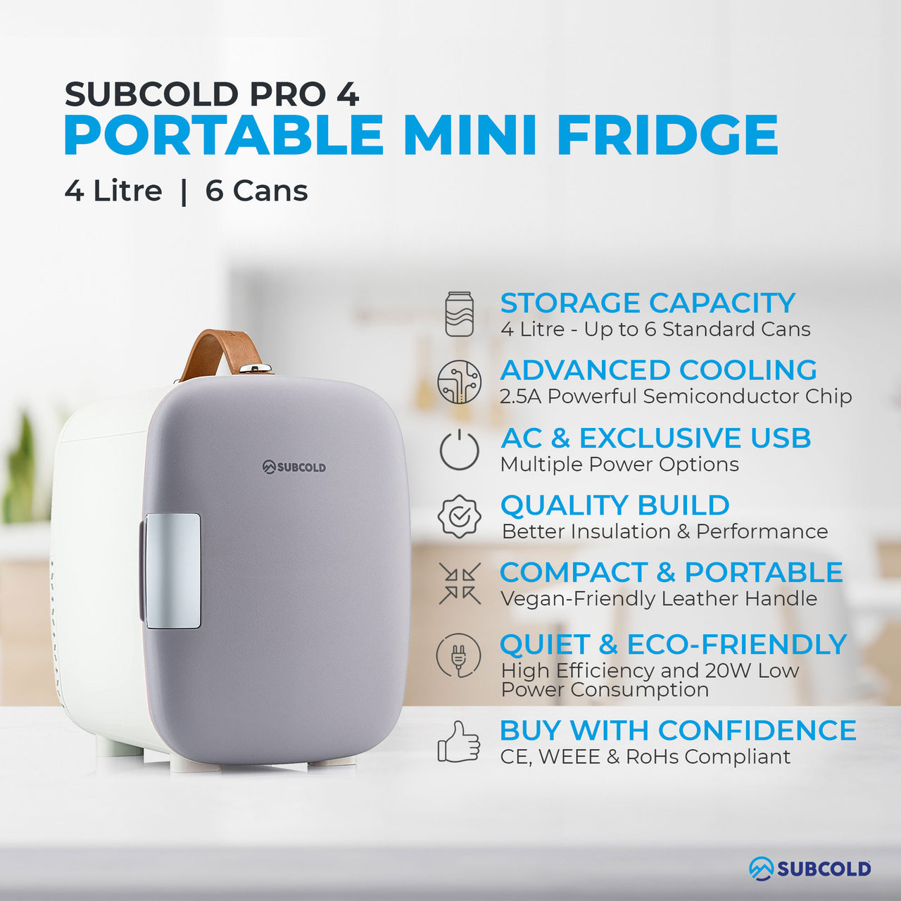 Subcold Pro 4 litre grey mini fridge features infographic