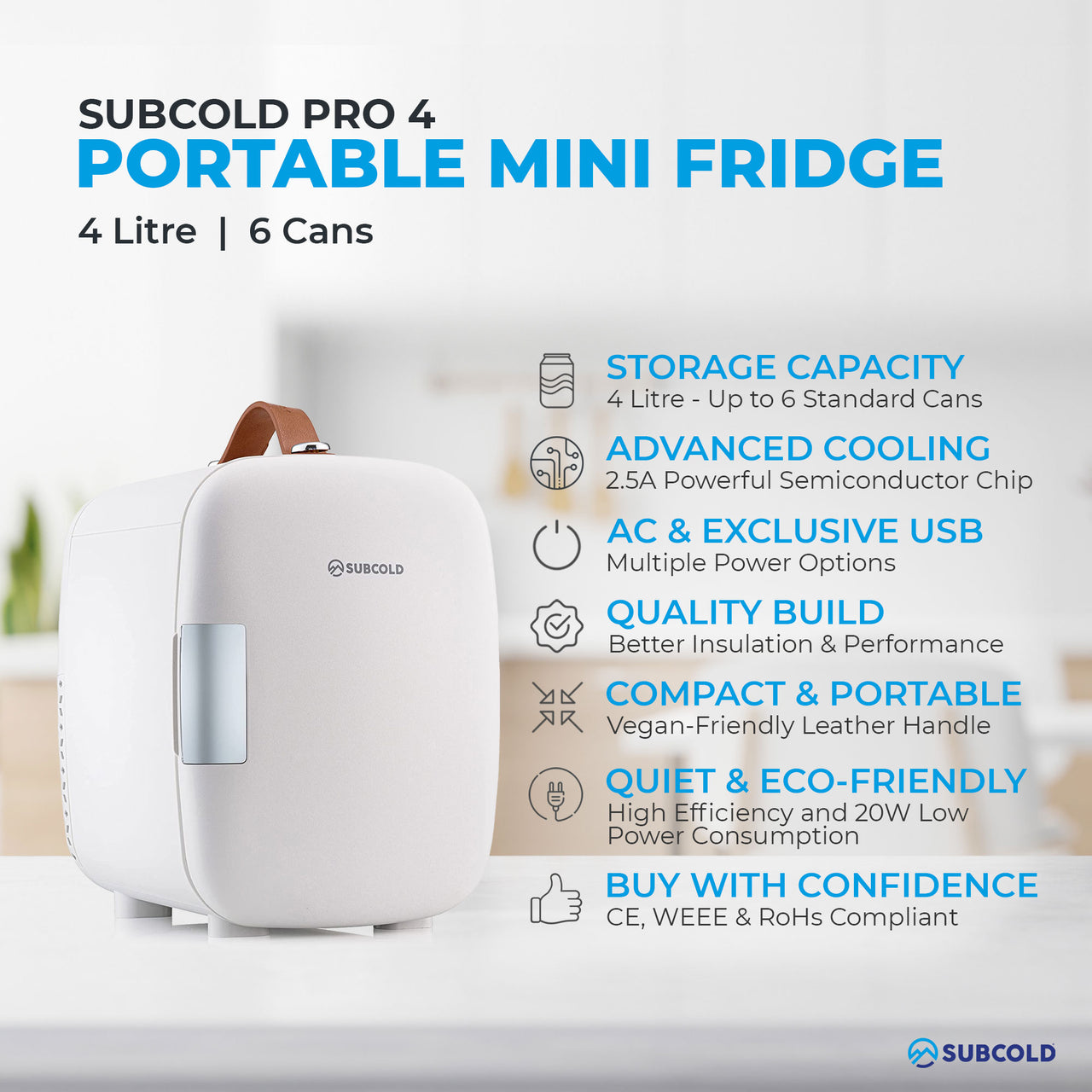 Subcold Pro 4 litre white mini fridge features infographic