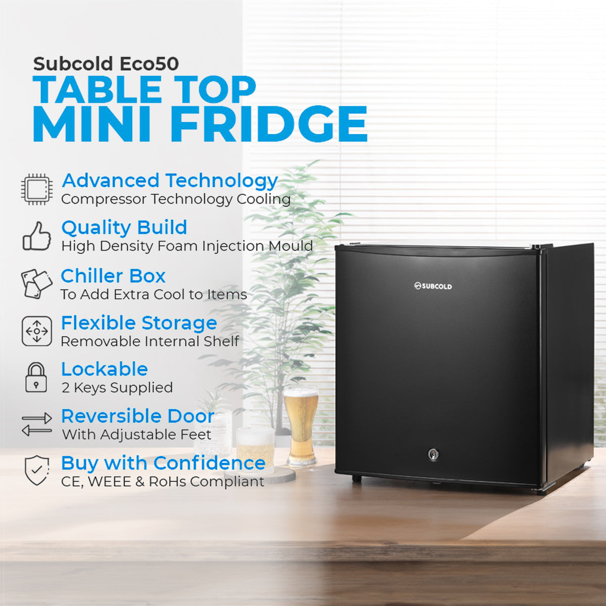 50 Litre Table Top Fridge | Subcold Eco50 | Lock & Key