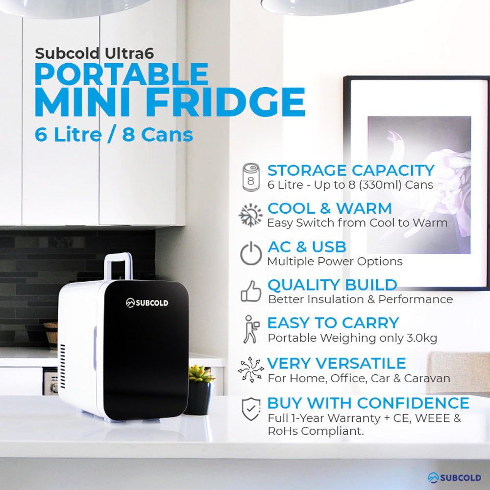 Subcold Ultra 6 litre black mini fridge features infographic