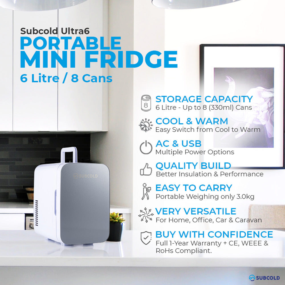 Subcold Ultra 6 litre grey mini fridge features infographic