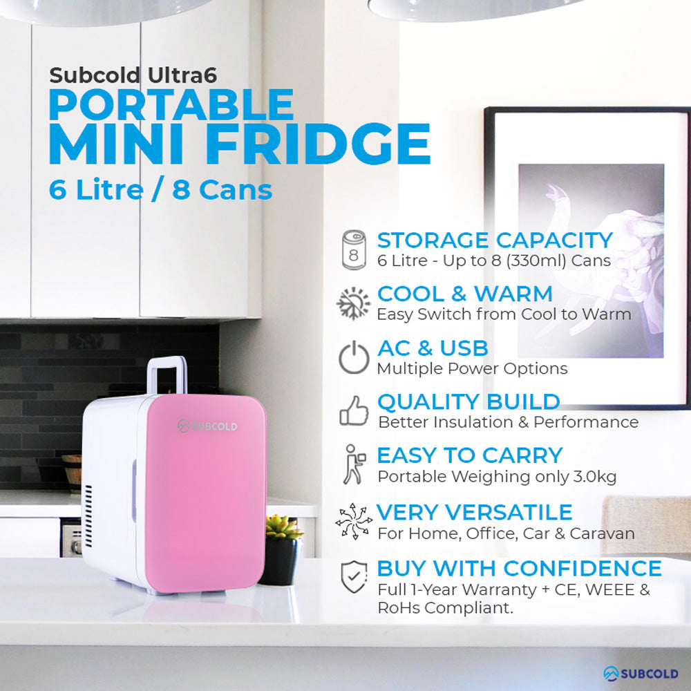 Subcold Ultra 6 litre pink mini fridge features infographic