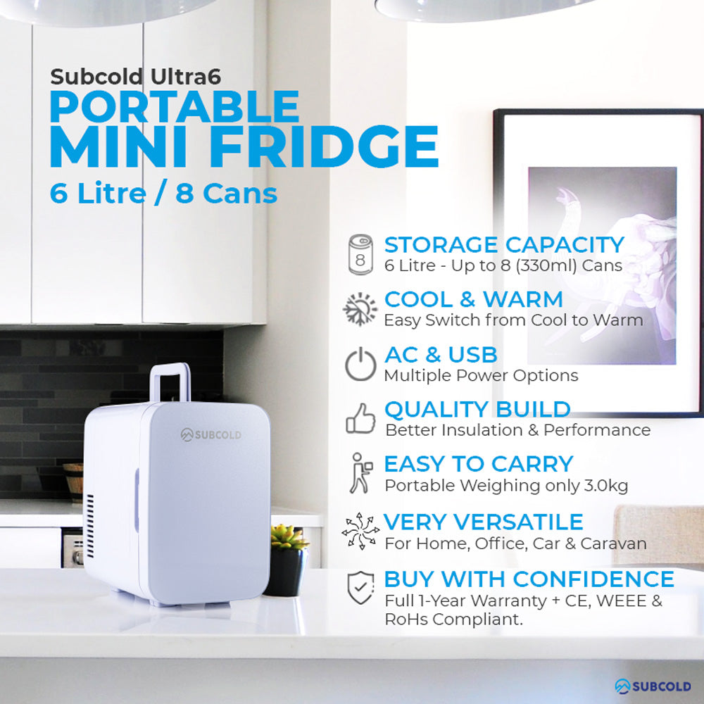 Subcold Ultra 6 litre white mini fridge features infographic
