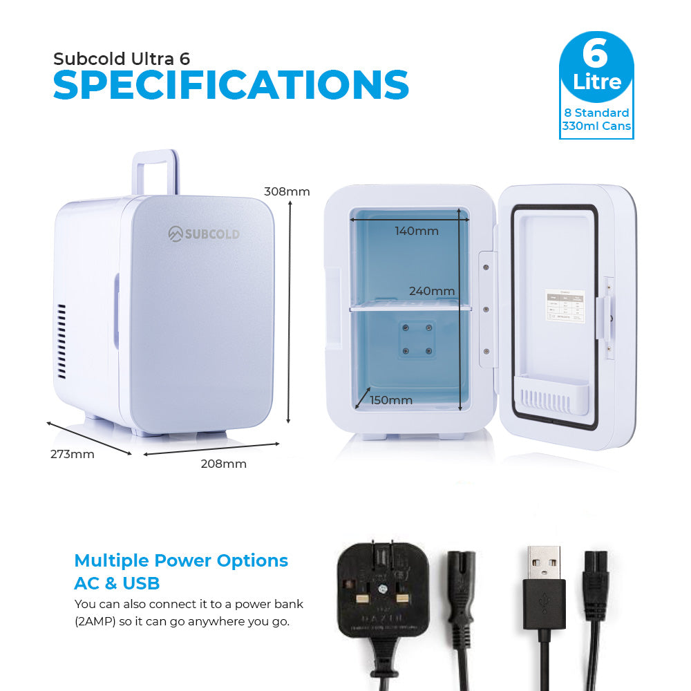 Subcold Ultra 6 litre white mini fridge infographic with dimensions and specifications